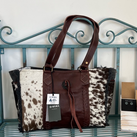 🌺New Myra Bag Canvas & Cowhide & Leather Tote satchel concho tassel western boho - Picture 7 of 15